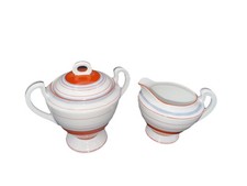 HAND PAINTED JAPAN MID -CENTURY COVERED SUGAR And CREAMER Set Mint. picture