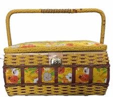 Vintage Woven Wicker Sewing Basket W/Handle Yellow W/Flowers Made in Korea #2554 picture