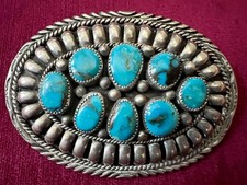FANTASTIC HUGE BEAUTIFUL TURQUOISE STERLING VTG BELT BUCKLE DAVID PAUL NAVAJO picture