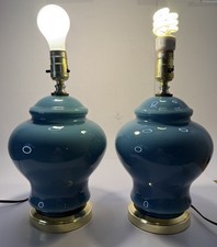 Vintage Blue Ginger Jar Table Lamps Set of 2 MCM Ceramic Brass Base 14