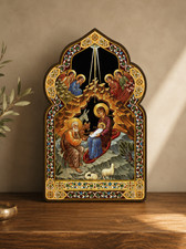 Nativity Dome Shaped Icon with Gold Foiled Details Religious Home Decor picture