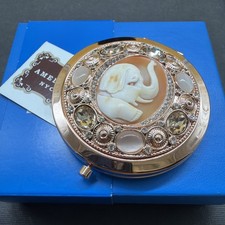 Amedeo Signed Carved Elephant Cameo Jeweled Rhinestone Mirror Compact Purse MINT picture