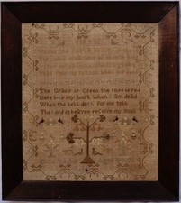 EARLY 19TH CENTURY MOTIF & DOUBLE VERSE SAMPLER BY ELIZA TAYLOR AGED 11 - 1826 picture
