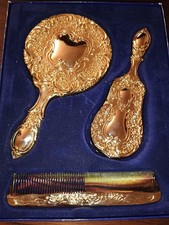 Vintage Ornate Gold Tone 3 Piece Vanity Set Hand Mirror Brush Comb NEW picture
