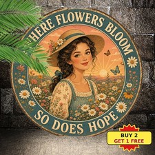 Sunset Daisy Field Halftone Girl Floral Butterfly Quote Round Metal Sign 8x8 picture