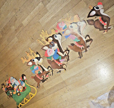 RARE Vtg 70s Santa Sleigh Flocked Reindeer Rudolph Elves Die Cut Christmas 5.5' picture