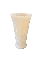 Vintage Milk Glass Vase 7.25” Anchor Hocking Scallop Edge Teardrop and Pearl picture