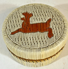 Vintage Ojibwe / Chippewa Am. Indian Birchbark Porcupine Quill Box w/ Deer Motif picture
