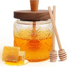 18oz Vintage Glass Honey Pot With Dipper And Lid Kitchen Storage Jar Set Clear picture