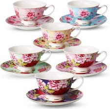 Cups and Saucers Set of 6, Floral (8oz) Porcelain Cups for Tea Party, Rose picture