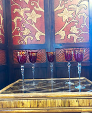 Vintage Ruby Red & 24K Gold Venetian Wine Goblets – Set of 5 🍷✨ picture