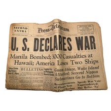 Antique 1941 WWII Long Beach Press Telegram Pearl Harbor Newspaper Declares War picture