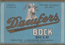 Daeufers Bock Vintage Beer Label Daeufer Lieberman Brewery Allentown PA Ram Head picture
