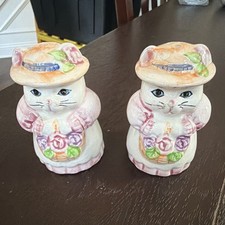 Porcelain Cat Salt & Pepper Shakers Pair w/ Bonnet Hats Blue Bow Floral picture