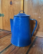 VTG Blue Speckled Enamel Ware Coffee Pot Camping Cowboy Camp Fire 9” Tall  picture