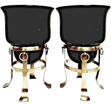 Vintage Black Glass Jardiniere Urns on Designated Brass Stands with Ring Handles picture
