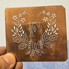 Antique Copper Monogram Stencil Letter F – Ornate Alphabet Plate c.1880–1920 F2 picture