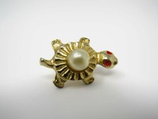 Vintage Turtle Brooch Pin Gold Tone Faux Pearl Red Rhinestone Eyes Figural picture