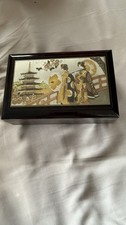 vintage Japanese lacquer musical jewelry box featuring Chokin art picture