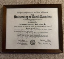 1952 University Of North Carolina Law Diploma, Rep. Tim Valentine (D-NC) picture