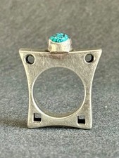 Modernist Brutalist Navajo Sterling Silver and Spider Web Turquoise  Size 9 3/4 picture