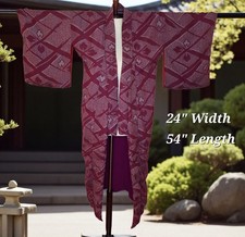 Japanese Kimono Men's/Women's Burgundy Traditional Design Diamond Leaves Vintage picture