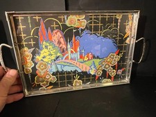 Art Deco Fantasy Fairytale Castle Lithograph Glass Chrome Handled Drinks Tray picture