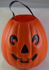 Vintage 1970s Blow Mold Halloween Candy Pail Riveted Handle Pumpkin Rare HTF picture