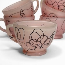 Vintage Hazel Atlas Pink Frosted Cup Set 6 MCM Atomic Art Glass 50s Spaghetti picture