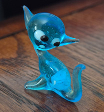 Vintage 1970's Hand Blown Miniature Glass Blue Cat 1” Figurine VGUC picture