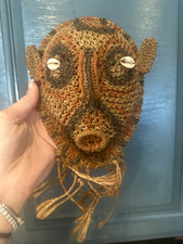 Vintage Papua New Guinea Woven Fiber Yam Mask Cowrie Shell Eyes Sepik Tribal Art picture