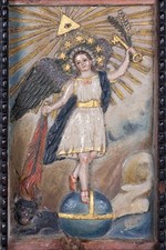 Rare 1834 Antique Colombian Signed St Michael Carved & Painted Alabaster Retablo picture