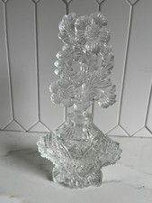 Vintage Clear Art Deco Pressed Glass Perfume Bottle Tall Ornate Floral Stopper picture