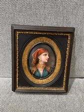 Vintage Antique Framed Oval Porcelain Plaque w/ Middle Eastern Woman picture