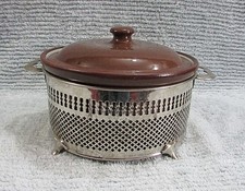 Antique Brown Stoneware Crock Bake Dish Casserole w Nickle Brass Holder Stand picture