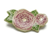 Vintage Pink Rose Brooch Pin Green Leaf Gold Tone Enamel Cloisonné Style Floral picture