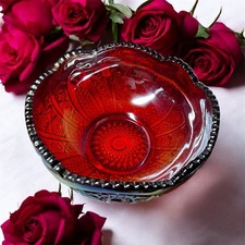 Vntg Red Carnival Glass Bowl 8” Iridescent Pressed Glass Dish Retro Decor READ picture