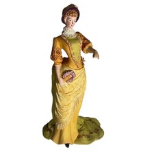 Victorian Lady Figurine Hand Painted Resin Holding Mirror Yellow Gown 9” Decor picture