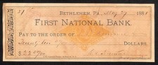 Bethlehem, PA 1881 First National Bank Check #37 w/ Tax Stamp picture