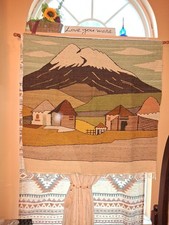 Vintage Handwoven Otavalo Wool Tapestry – Andean Village & Volcano Scene – 100% picture