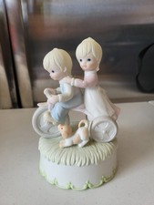 Vintage 1984 Arnart Music Box Figurine Boy Girl Tricycle Puppy 