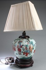 Chinese Porcelain Lamp with shade. Comes fitted with a wood stand picture