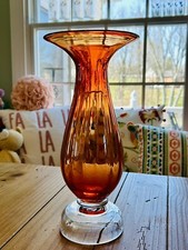 Tangerine Orange Mid Cent Scalloped Hand Blown Glass Vase Clear Pedestal 11.5 In picture