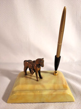 Vtg Copper Finish Cast Metal HORSE Desk Pen Holder Acrylic Stand Felt Bottom picture