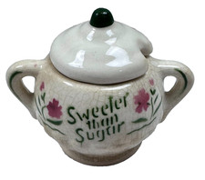 (1A) Vintage Miniature Sweeter Than Sugar Lidded Jam Pot Ceramic Jam Jar Japan picture