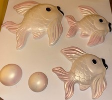 Set of Vintage 3 Pink Miller Chalkware Fish With Two Bubbles Wall Decor Plaques picture