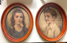 Vintage Hope Novelty Co Detroit Oval Boy Girl Portrait Prints Wood Frames Pair picture