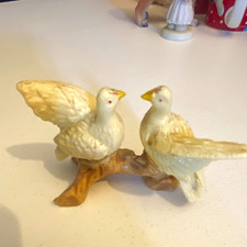 Ceramic White Bird Figurine Pair on Branch with Leaves Berries Glossy Finish picture