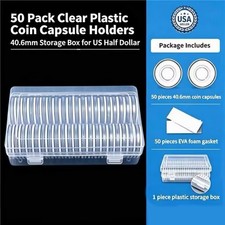 50 Pack Clear Plastic Coin Capsule Holders 40.6mm Storage Box for US Half Dollar picture
