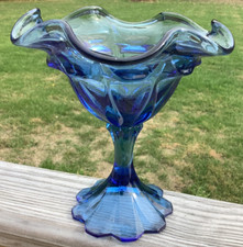Fenton Art Glass Twilight Blue Valencia Pedestal Compote Candy Dish - lrc1 picture